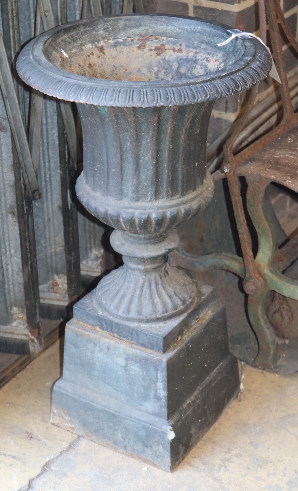 A cast iron garden campana urn, diameter 38cm, H.68cm